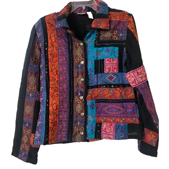 Chico’s Patchwork Embroidered Boho Wearable Art Jacket Size 1 Or Medium 8 (F5) - Picture 1 of 7